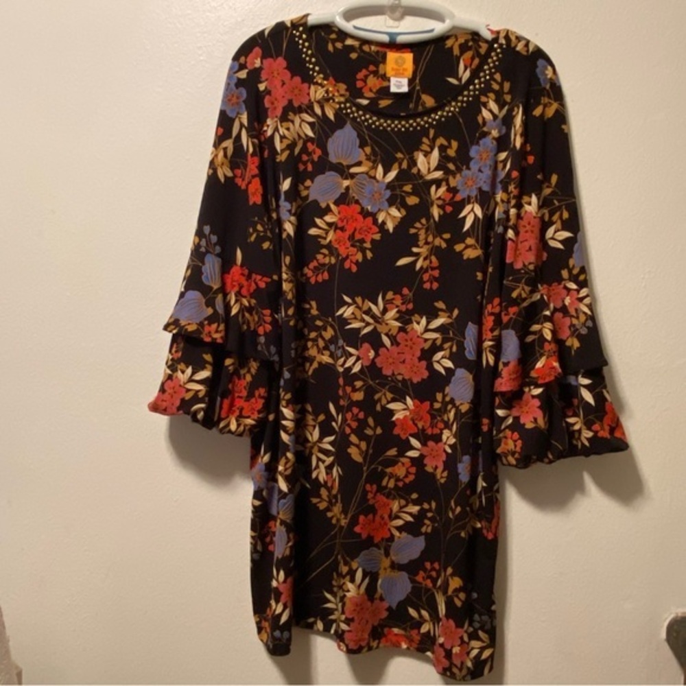 Ruby Rd. Floral Bell‎ Sleeve Dress Multicolor PXL Scoop Neck Pullover